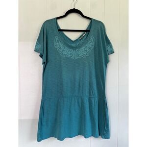 Athleta Teal Blue Embroidered V-Neck Drawstring Waist T-Shirt Dress Large 738826